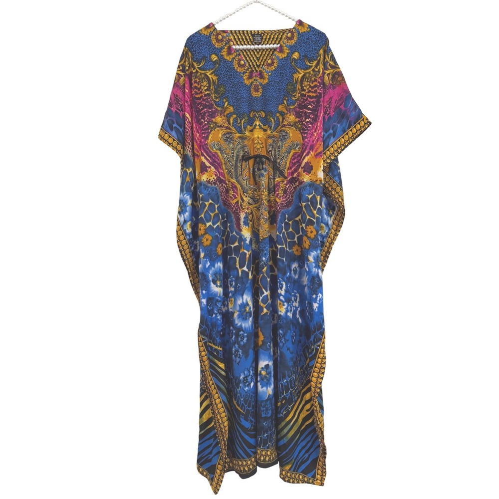 Zury Boho Printed Maxi Kaftan Dress Free Size Blue Pink Animal Baroque Resort